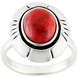 Red Coral Ring 925 SS Sz 12 SW Style Oval Cabochon